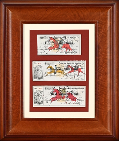 George Curtis Levi (Southern Cheyenne) Ledger Art Triptych on 1869 Checks