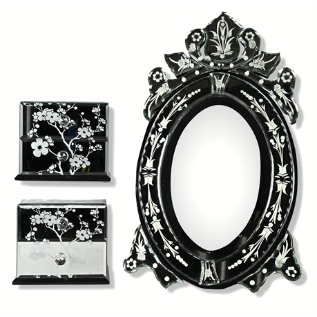 Echo Point Cherry Blossom Etched Glass Boxes & Mirror – Velvet Lined