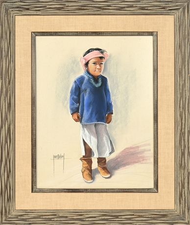 Jane Mabry Original Pastel Portrait of a Navajo Child — Framed Artwork