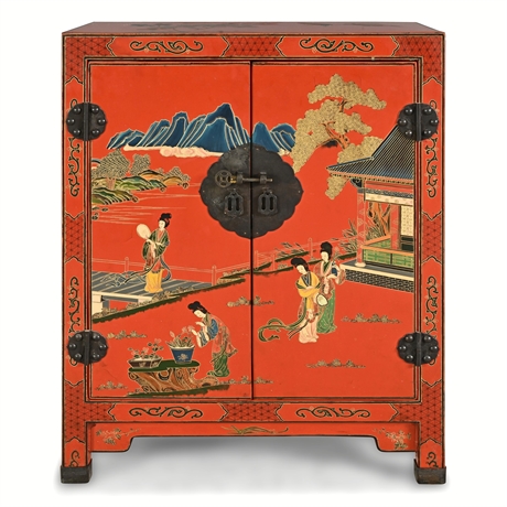 Beijing Gold Inlaid Lacquer Cabinet, Court Ladies Garden Scene