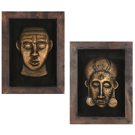 Pair of Vintage Thailand Gilt Gold Buddha Face Plaques