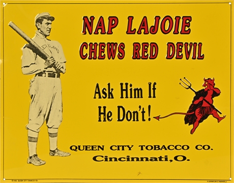 Vintage Tin Sign Nap Lajoie Chews Red Devil