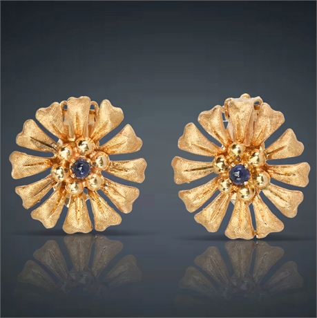 14K Yellow Gold Floral Clip-On Earrings with Sapphires