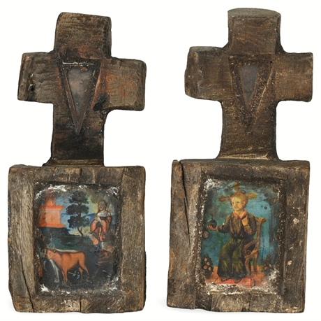 Pair of Distressed Crosses with Religious Scenes