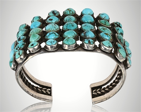 Vintage Navajo Sterling Silver Cluster Cuff Bracelet with Kingman Turquoise