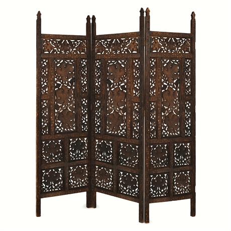 Antique Carved Wood Folding Screen – 3 Panel Grape Vine Divider
