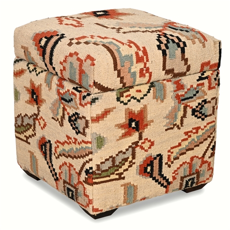 Kilim Wool Upholstered Ottoman with Storage — 16" Cube, Wood Feet