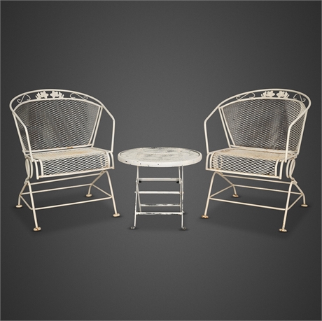 Mid-Century Wrought Iron Mesh Patio Set — Pair of Barrel Chairs & Side Table