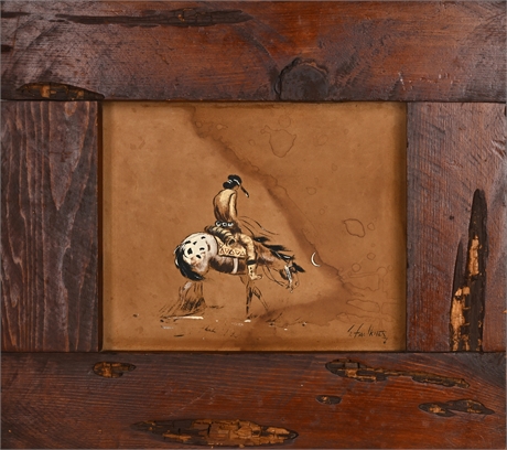 S. Faulkner Western Scene on Leather — Native Rider, Rustic Wood Frame