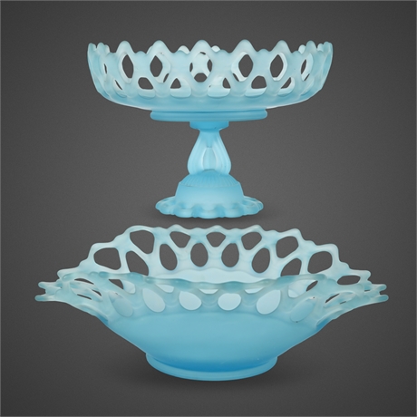 Westmoreland Blue Mist Satin Glass Compote & Bowl — Lattice Edge, Marked