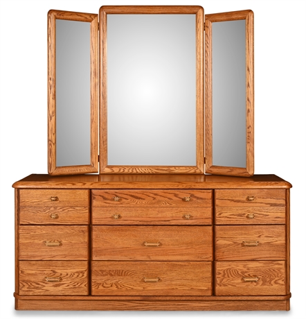 Michael Howard Oak 9 Drawer Dresser with Tri-Fold Mirror