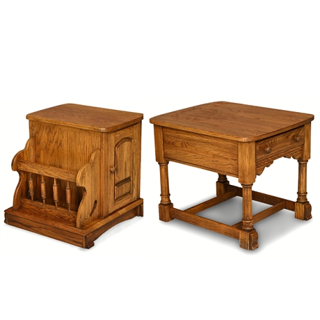 Oak End Table & Magazine Cabinet — Turned Legs, Spindle Rack