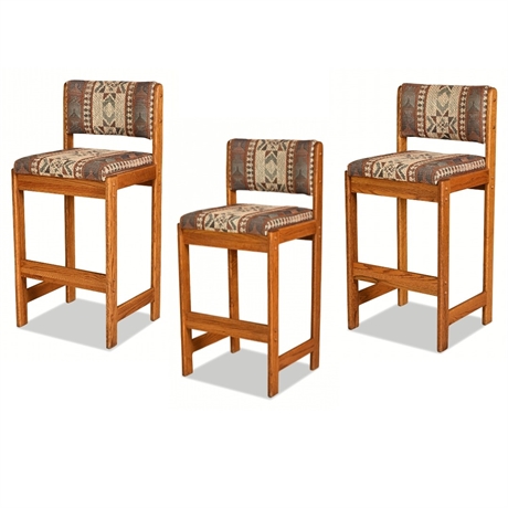 Set of 3 Oak Bar Stools with Western Pattern Upholstery