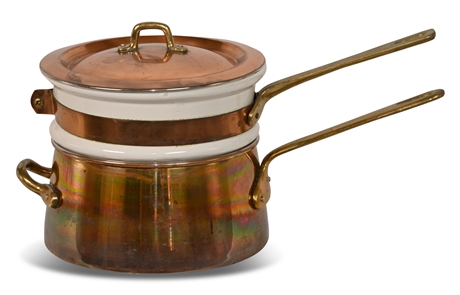 Vintage Copper & Heavy Ceramic Double Boiler