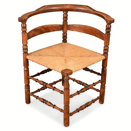 Antique Early 20th c. Bobbin-Turned Rush-Seat Corner Chair