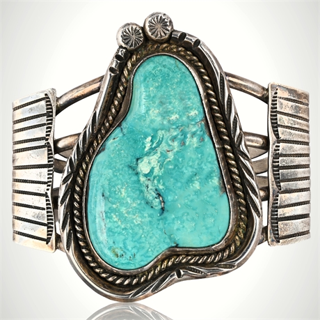 Vintage Navajo Sterling Silver & Blue Ridge Crescent Valley Turquoise Cuff
