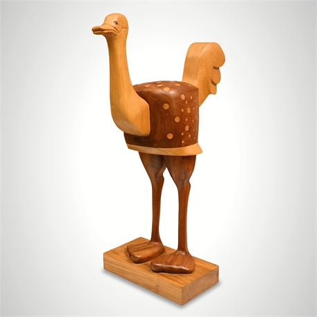 Carved Wood Ostrich After Senshukai Royal Pet, Signed 1987