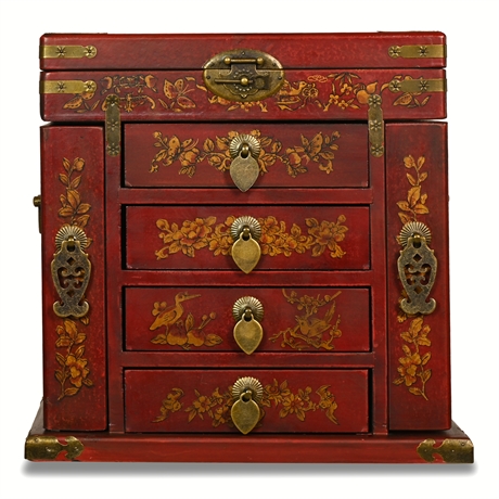Red Lacquer Wood Jewelry Chest Box