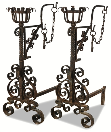 Pair of Early 19th Century Spanish Wrought Iron Castle Andirons