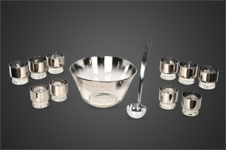 Mid-Century Silver Fade Punch Bowl with 11 Silver Band Cups & Ladle