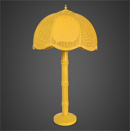 Faux Bamboo & Woven Wicker Table Lamp in Sunflower Yellow, 1970s