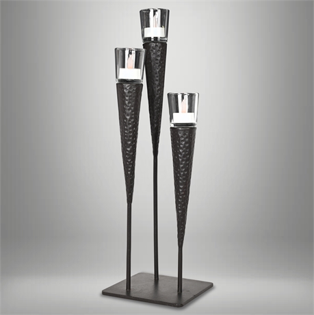 20" Hammered Iron Candle Holder – 3-Tier Votive or Taper Use, Glass Inserts + LE