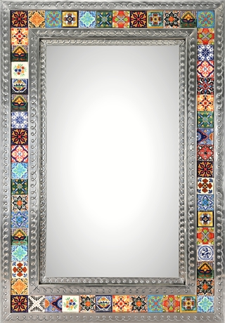 Talavera Tile Metal Wall Mirror, Mexico, 56 Tiles, Pressed Steel