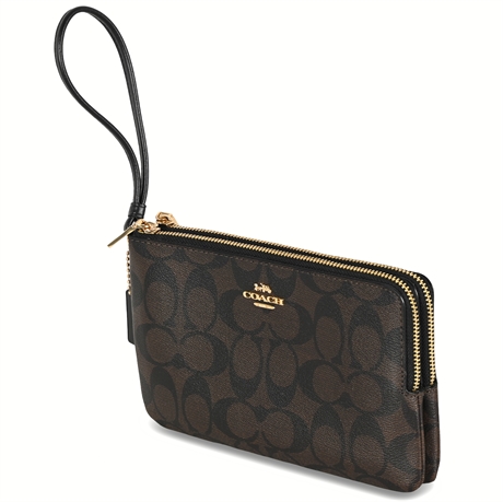 Coach Double Corner Zip Wristlet In Signature Coated Canvas - Brown/ Black