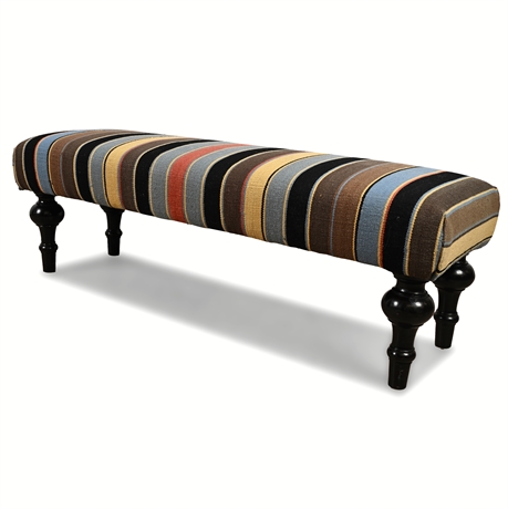 Striped Wool Upholstered Bench — 54” Wide, Turned Legs, Vintage Look