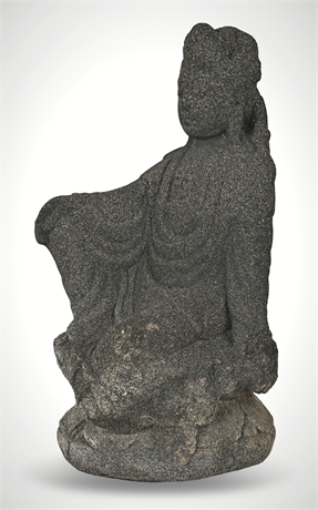Carved Stone Guanyin Figure — Dark Volcanic Stone, 12 Inches