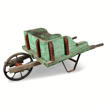 Rustic Wooden Wheelbarrow with Iron Wheel — Weathered Farmhouse Charm
