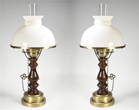Pair Vintage Double Globe Hurricane Wood and Brass Table Lamp