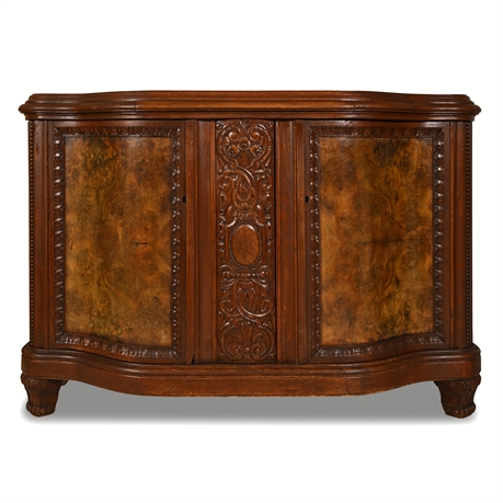 Victorian Renaissance Revival Sideboard — Carved Oak, Burl Walnut, 5 Drawers