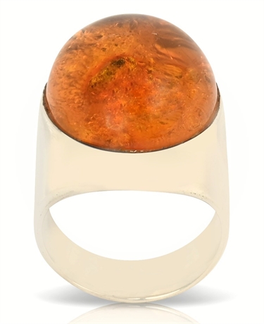 Vintage Polish Sterling Silver & Amber Domed Ring – Signed "WG" or "WB"