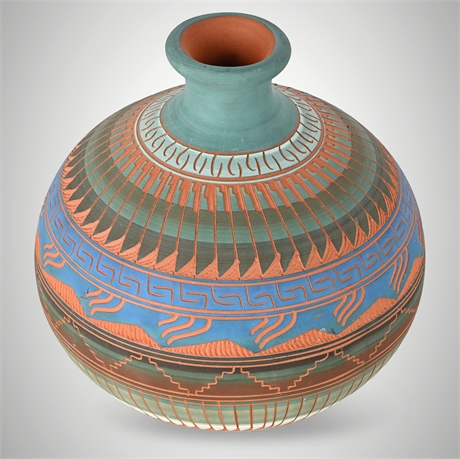 Dina Johnson Navajo Hand-Coiled Sgraffito Pottery — 6" Desert Geometry