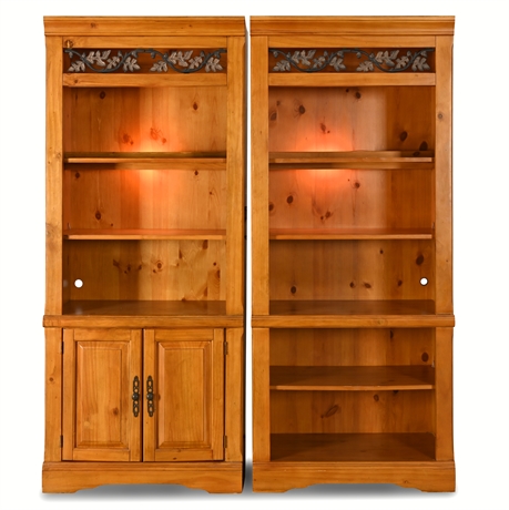 Pair of Lighted Pine Bookcases with Cast Aluminum Floral Accents