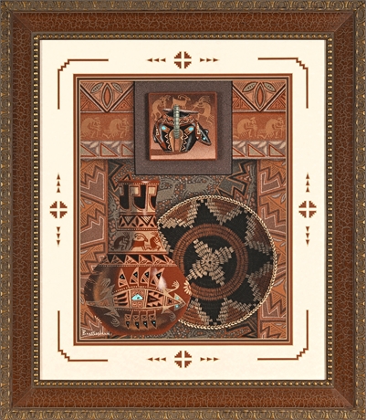 Eugene Baatsoslanii Joe Navajo Sand Painting — Vase Still Life, Turquoise, Frame