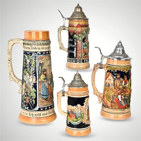 Set of 4 German Hand-Painted Beer Steins w/ Pewter Lids