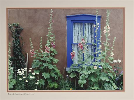 "Blue Window and Hollyhocks" Framed Photograph