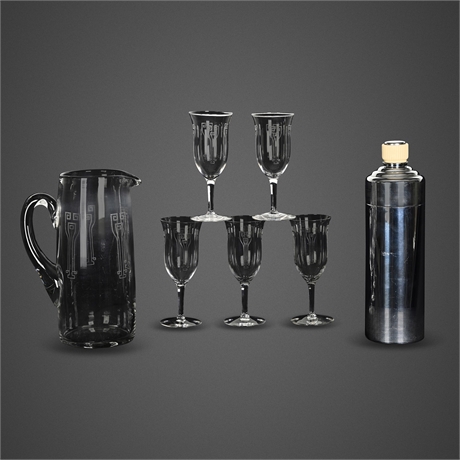 Chase "Gaiety" Cocktail Shaker by Reichenbach with Etched Prairie-Style Bar Set