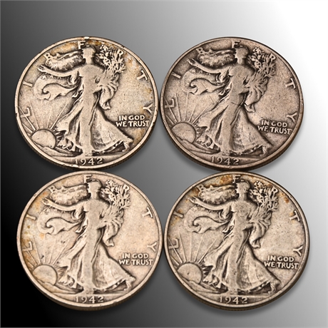 (4) 1942 Walking Liberty Half Silver Dollars