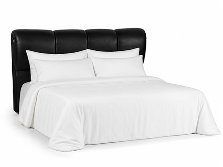 Channel-Tufted Full Grain Black Leather Headboard, Queen — Turned Wood Feet