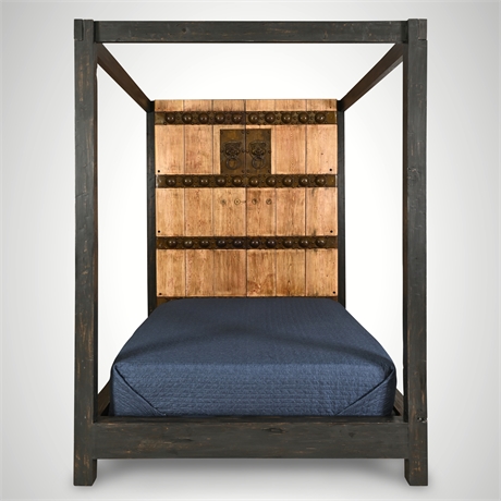 Shanghai Mansion Doors Queen Canopy Bed — Iron Boss Bands, Lion Knockers