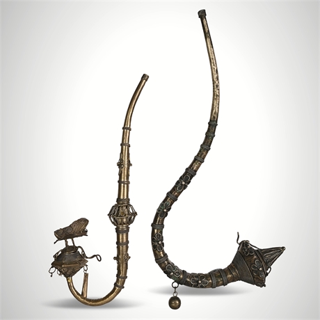 Indo-Persian Filigree Opium Pipes, Pair — Silver-Mounted Brass, c. 1900