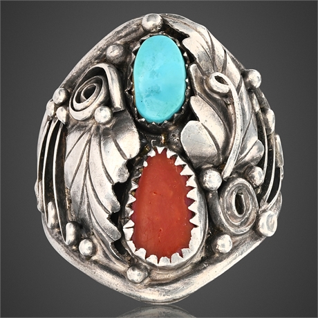 Vintage Navajo Sterling Silver Ring — Kingman Turquoise & Coral