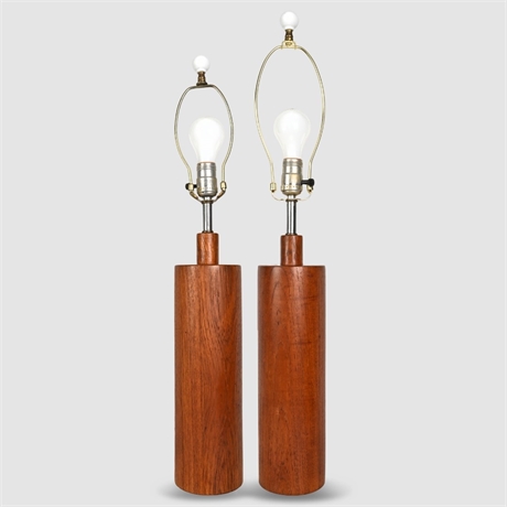 Pair of Mid-Century Modern Turned Teak Cylinder Table Lamps