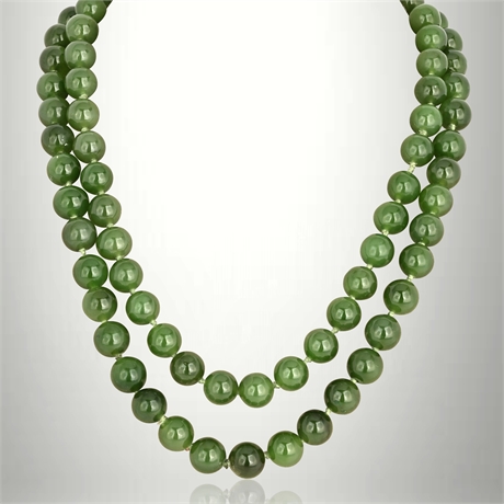36" Nephrite Jade Bead Necklace, 9.8mm, 14K (585) Gold Clasp