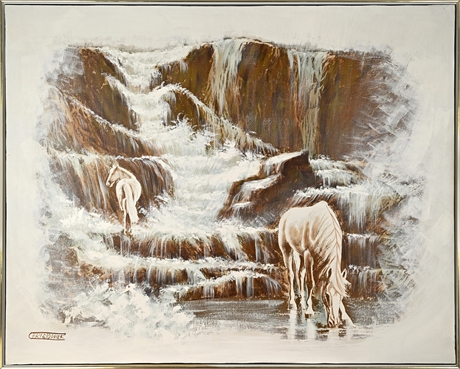 Christopher Oil on Canvas — Horses at a Waterfall, After H. Cheang