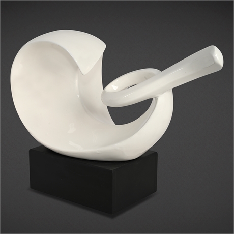 16" Modern Abstract Ceramic Sculpture – Gloss White on Black Base