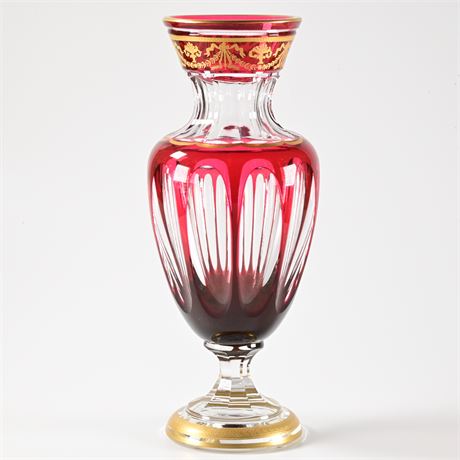 St. Louis Ruby Red Cut to Clear & Thistle Gold Crystal Pompeii Vase